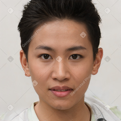 Joyful asian young-adult female with short  brown hair and brown eyes