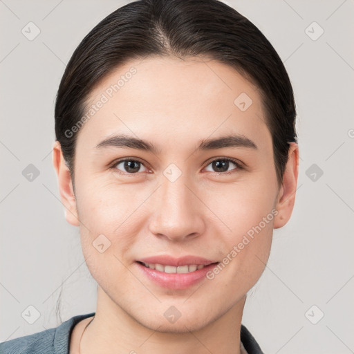 Joyful white young-adult female with medium  brown hair and brown eyes