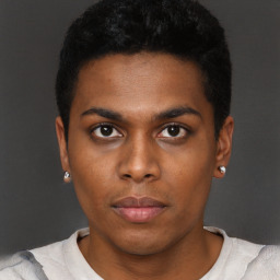 Neutral black young-adult male with short  black hair and brown eyes