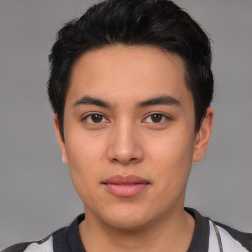 Neutral white young-adult male with short  black hair and brown eyes