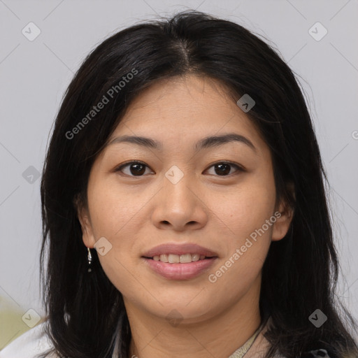 Joyful asian young-adult female with medium  brown hair and brown eyes