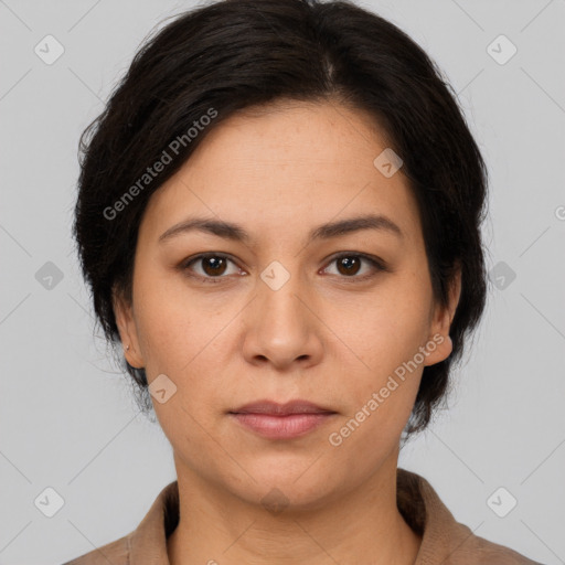 Neutral white young-adult female with medium  brown hair and brown eyes