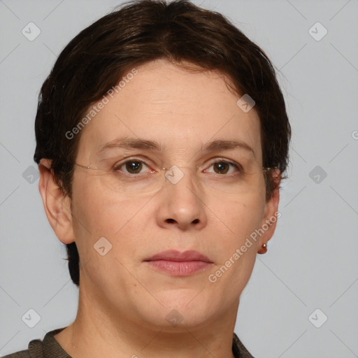 Neutral white adult female with short  brown hair and grey eyes