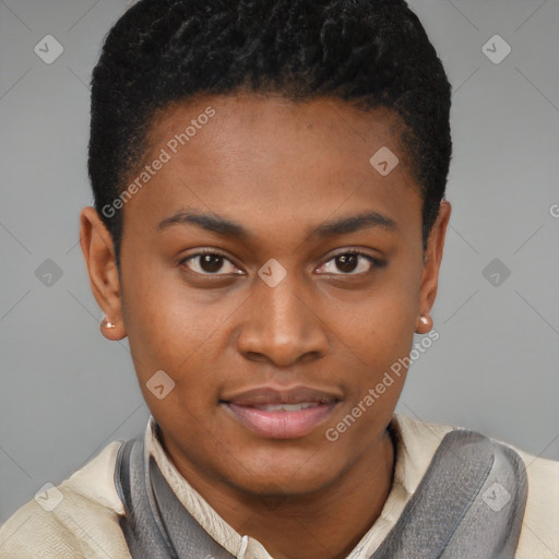 Joyful latino young-adult male with short  brown hair and brown eyes