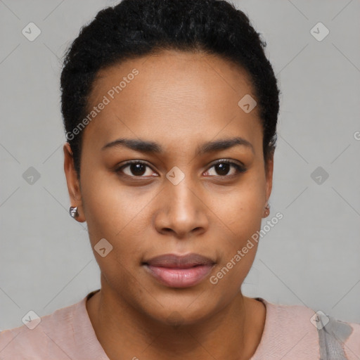 Neutral black young-adult female with short  black hair and brown eyes