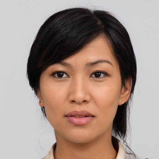 Neutral asian young-adult female with medium  black hair and brown eyes