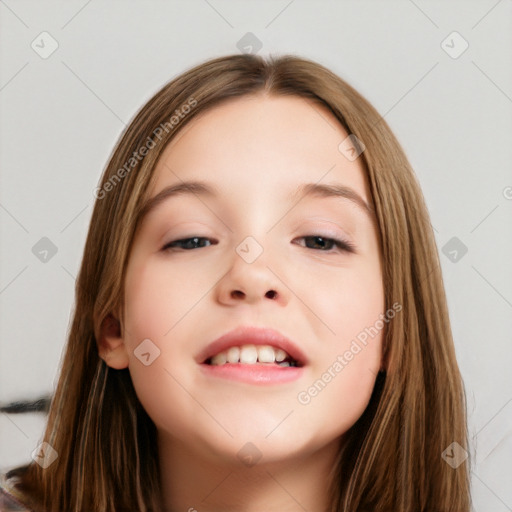 Joyful white child female with long  brown hair and brown eyes