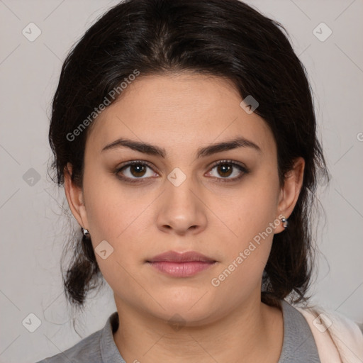 Neutral white young-adult female with medium  brown hair and brown eyes