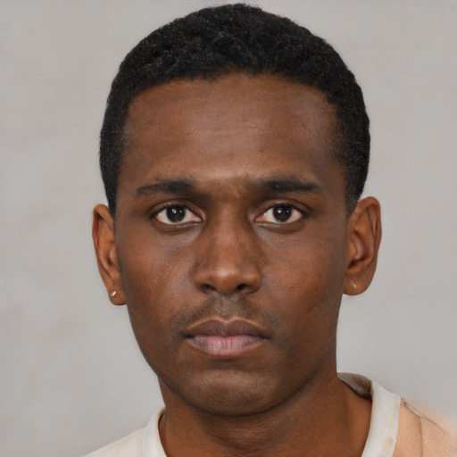 Neutral black young-adult male with short  black hair and brown eyes