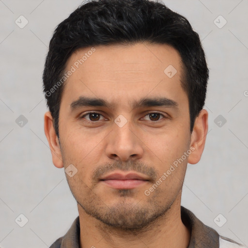 Neutral asian young-adult male with short  black hair and brown eyes