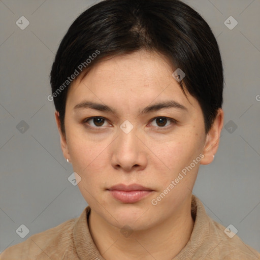 Neutral white young-adult female with short  brown hair and brown eyes