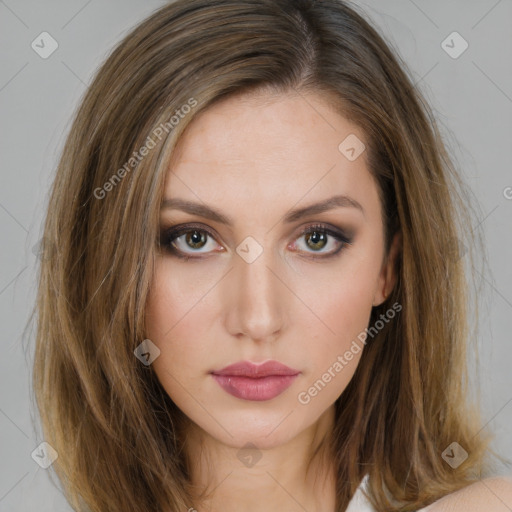 Neutral white young-adult female with medium  brown hair and brown eyes