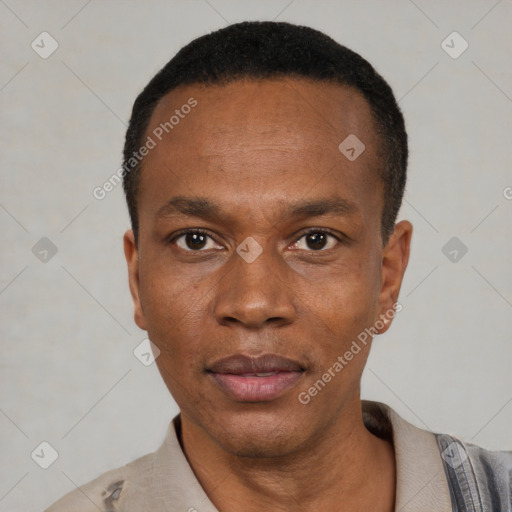 Neutral black young-adult male with short  black hair and brown eyes