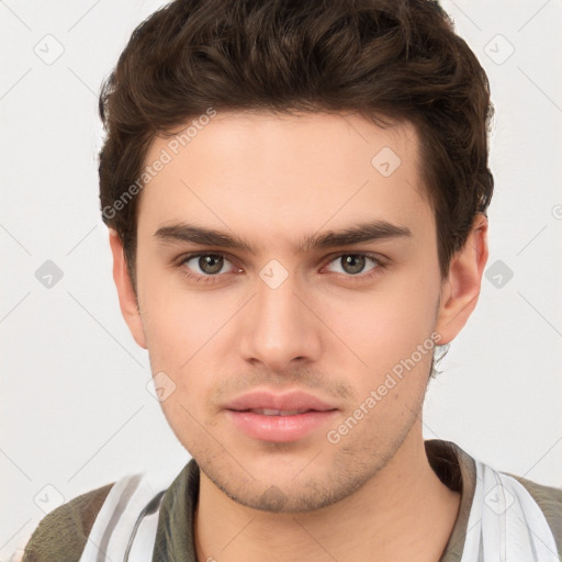 Neutral white young-adult male with short  brown hair and brown eyes