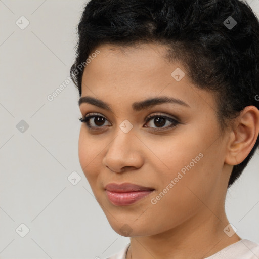 Joyful latino young-adult female with short  brown hair and brown eyes