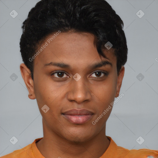Neutral black young-adult female with short  brown hair and brown eyes