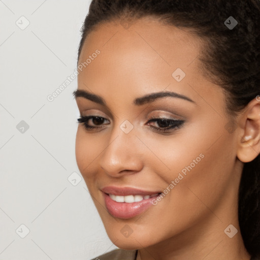 Joyful latino young-adult female with long  brown hair and brown eyes