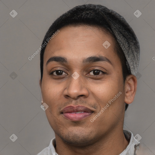 Joyful latino young-adult female with short  black hair and brown eyes