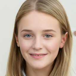 Joyful white young-adult female with long  brown hair and blue eyes