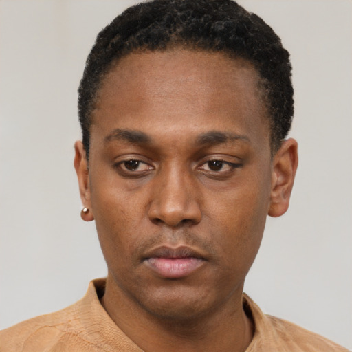 Neutral black young-adult male with short  black hair and brown eyes