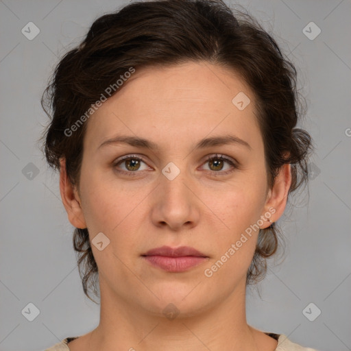 Neutral white young-adult female with medium  brown hair and brown eyes