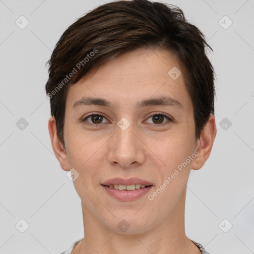 Joyful white young-adult female with short  brown hair and brown eyes