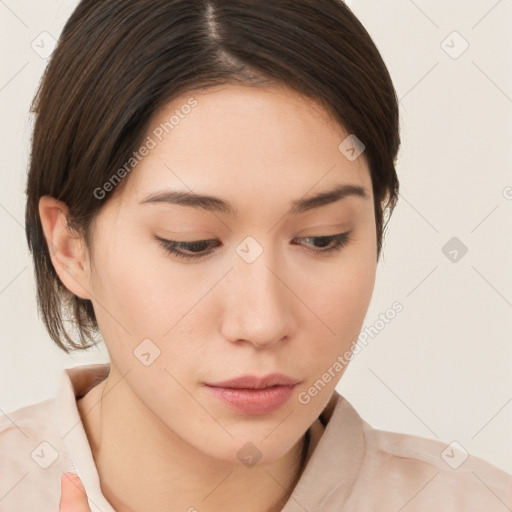 Neutral white young-adult female with medium  brown hair and brown eyes