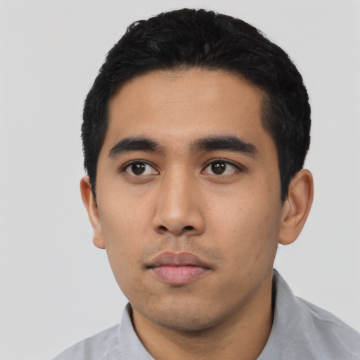 Neutral asian young-adult male with short  black hair and brown eyes