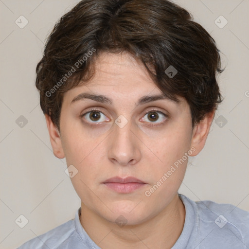 Neutral white young-adult female with short  brown hair and brown eyes