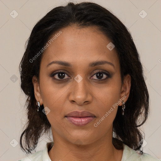Joyful black young-adult female with medium  brown hair and brown eyes