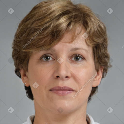 Joyful white adult female with short  brown hair and brown eyes