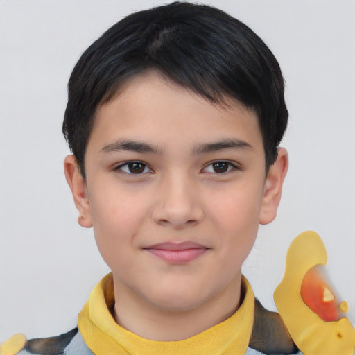 Joyful asian child male with short  brown hair and brown eyes