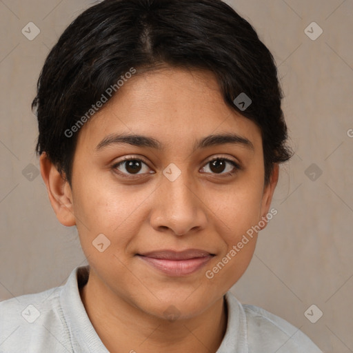 Joyful latino young-adult female with medium  brown hair and brown eyes