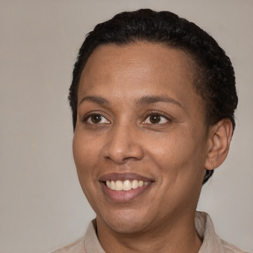 Joyful latino adult female with short  black hair and brown eyes