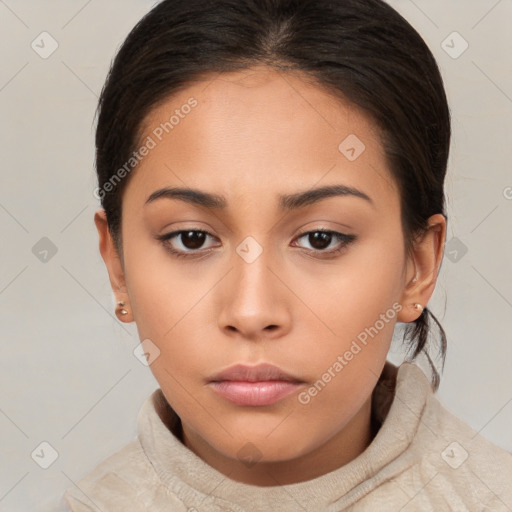 Neutral latino young-adult female with long  brown hair and brown eyes