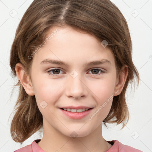 Joyful white child female with medium  brown hair and grey eyes