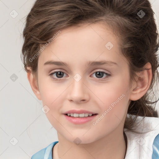 Joyful white child female with medium  brown hair and brown eyes