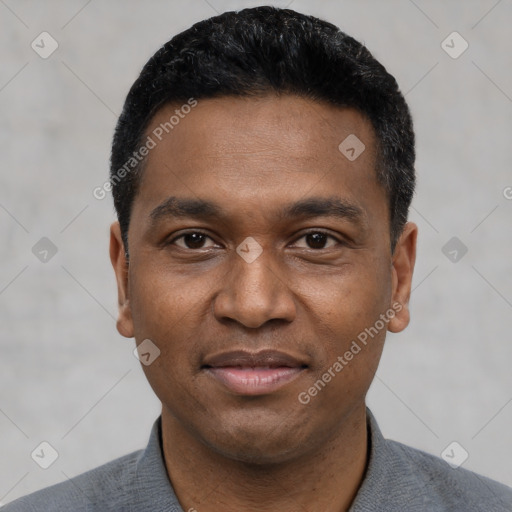 Joyful black young-adult male with short  black hair and brown eyes