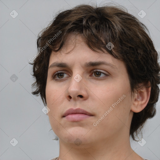 Neutral white young-adult female with medium  brown hair and brown eyes