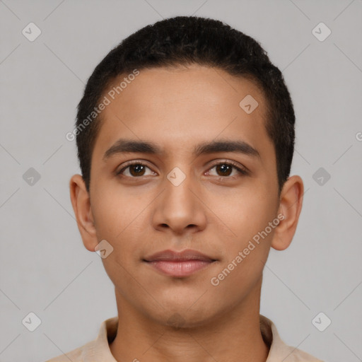 Neutral latino young-adult male with short  black hair and brown eyes