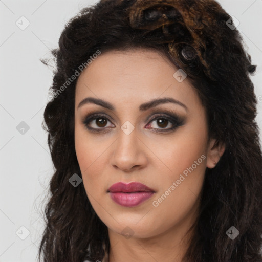 Joyful latino young-adult female with long  brown hair and brown eyes