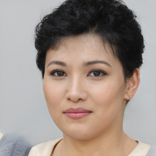 Joyful asian young-adult female with short  brown hair and brown eyes