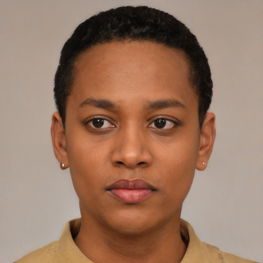Neutral latino young-adult female with short  black hair and brown eyes