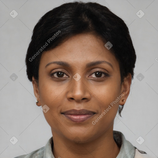 Joyful latino young-adult female with short  black hair and brown eyes