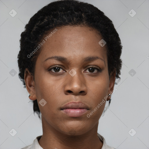 Neutral black young-adult female with short  brown hair and brown eyes