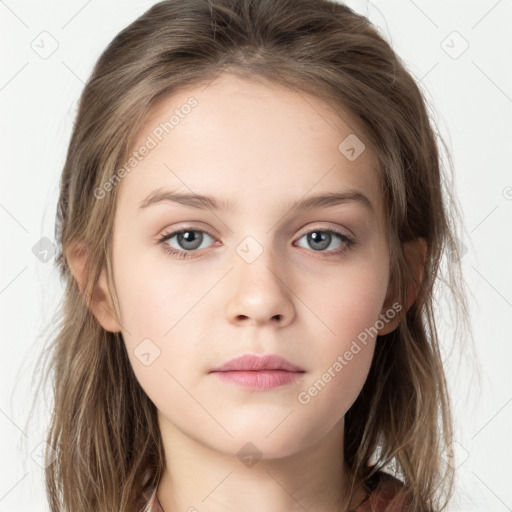 Neutral white young-adult female with long  brown hair and grey eyes