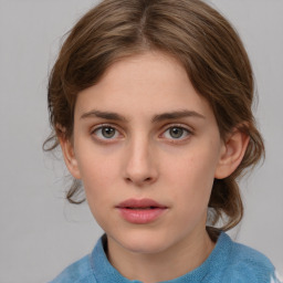 Neutral white young-adult female with medium  brown hair and grey eyes