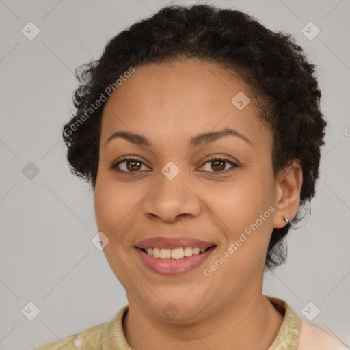 Joyful latino young-adult female with short  brown hair and brown eyes