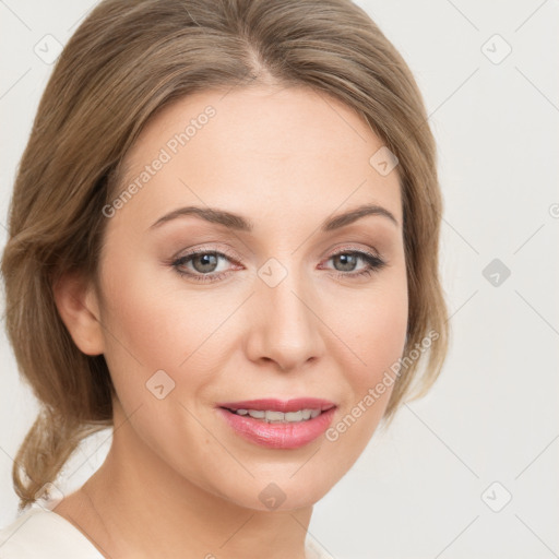 Joyful white young-adult female with medium  brown hair and green eyes