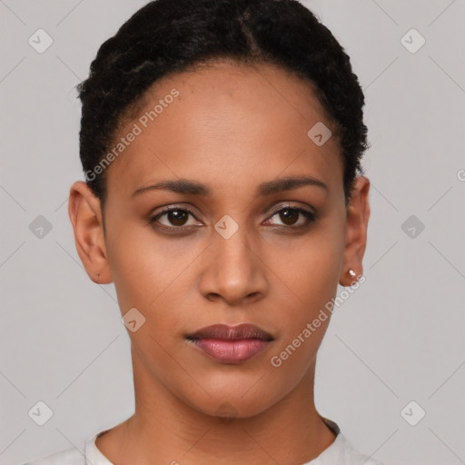 Neutral latino young-adult female with short  black hair and brown eyes